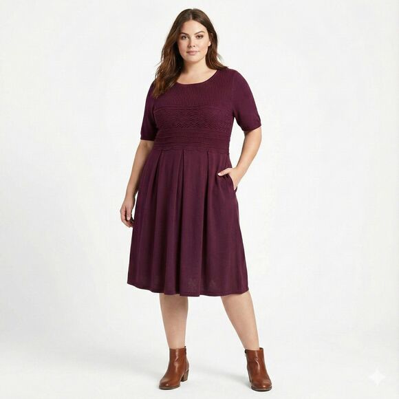 Lane Bryant Burgundy Knit Dress Size 18/20 Crochet Lace Pleated Dark Academia - Picture 1 of 6